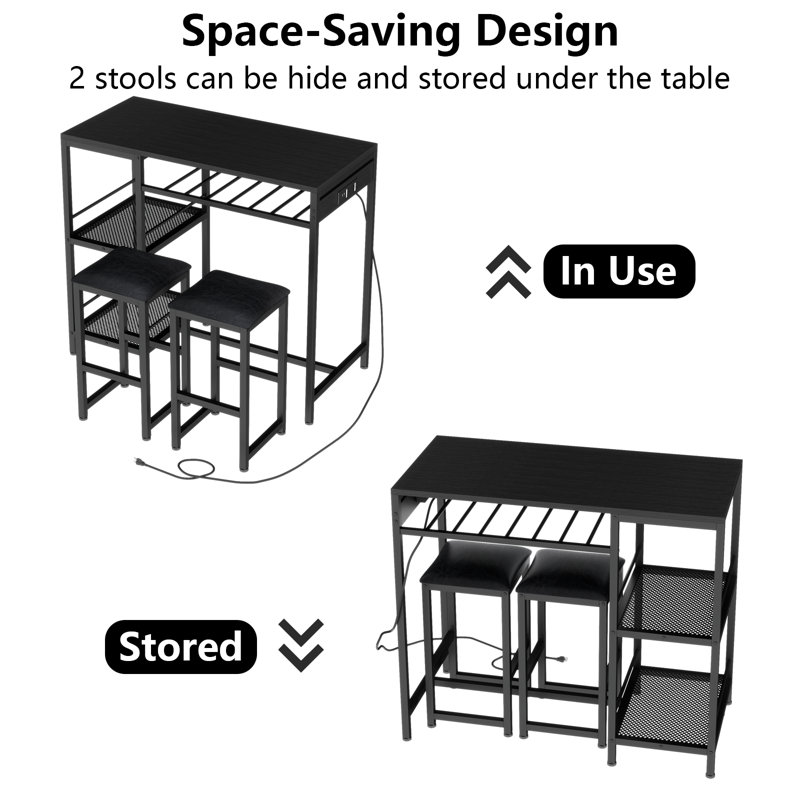 17 Stories Bar Table and Chairs Set with Power Outlet, Pub Table and
